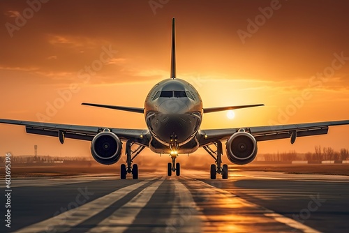 Sunset Skyline. Plane Landing at the Airport. Airplane Transportation. Generative AI illustrations.