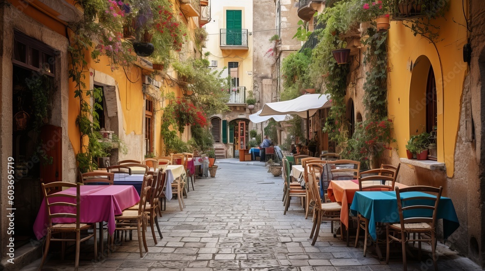 Naklejka premium Famous colorful outdoor cafe in the most beautiful sicilian village Generative AI