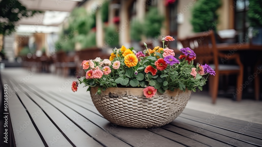 Flowerpot with flowers in outdoor cafe Generative AI Flowerpot with flowers in outdoor cafe Generative AI