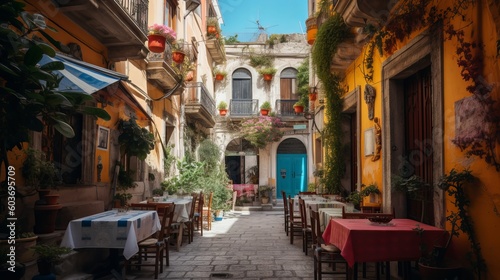 Famous colorful outdoor cafe in the most beautiful sicilian village Generative AI