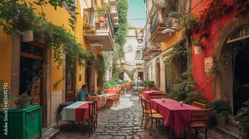 Famous colorful outdoor cafe in the most beautiful sicilian village Generative AI © Suleyman