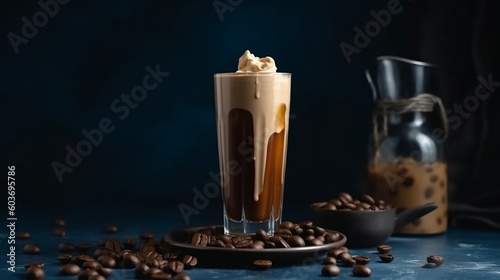 Ice coffee in a tall glass with cream poured over and coffee beans. Cold summer drink on a blue rusty background with copy space Generative AI