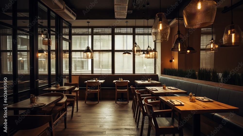Obraz premium Interior of cozy restaurant in the modern style Generative AI