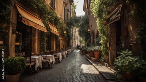 Beautiful ancient street in Rome lined with leafy vines and cafe tables Generative AI