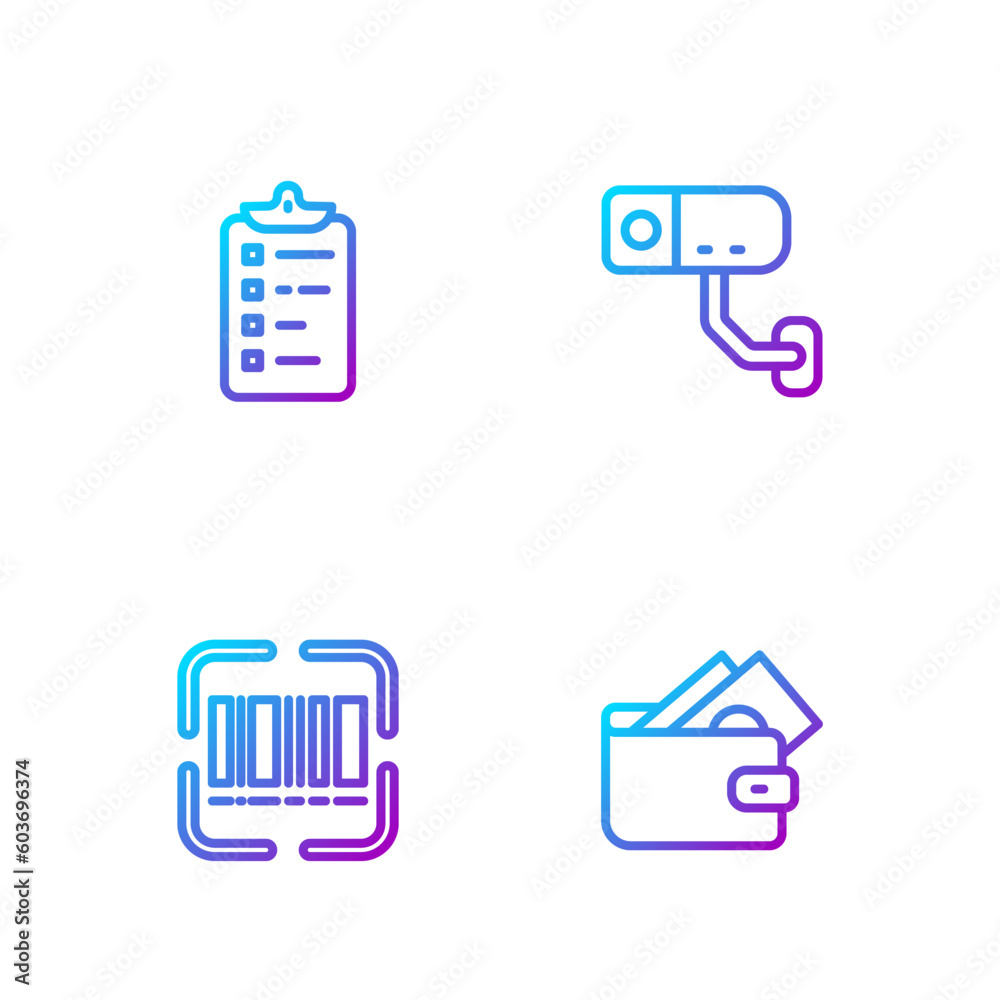 Set line Wallet with money, Scanner scanning bar code, Shopping list and Security camera. Gradient color icons. Vector Set line Wallet with money, Scanner scanning bar code, Shopping list and Security camera. Gradient color icons. Vector