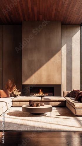 Modern Living Room with a Fireplace. Generative AI