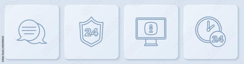 Set line Speech bubble chat, Monitor with information, Telephone 24 hours support and Clock. White square button. Vector Set line Speech bubble chat, Monitor with information, Telephone 24 hours support and Clock. White square button. Vector