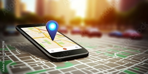 Point on smartphone with gps navigator icon and map on blur traffic road abstract background. Generative AI technology.