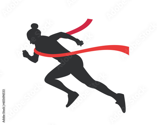 The woman was the first to reach the finish line. Silhouettes. Red ribbon. 