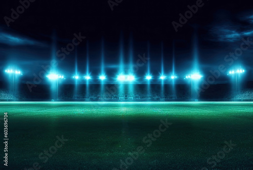 Spotlights at night and green field stadium empty.