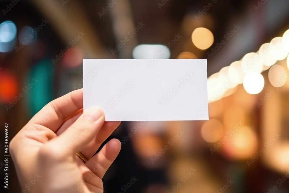 Hand holding white card with space to write, bokeh background, digital illustration. Generative AI Hand holding white card with space to write, bokeh background, digital illustration. Generative AI