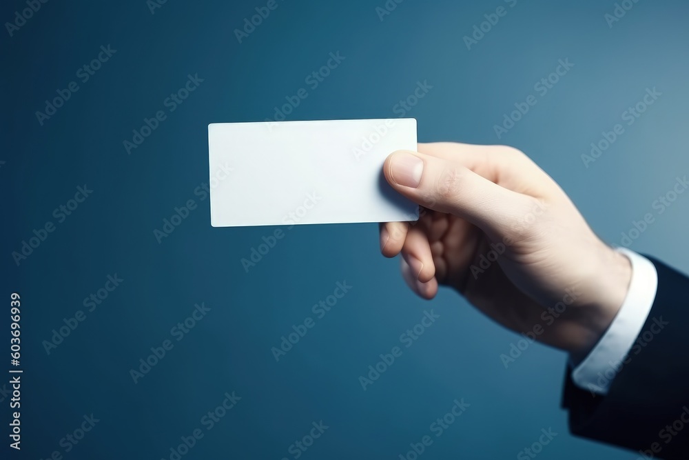Hand holding white card with space to write, blue background, digital illustration. Generative AI Hand holding white card with space to write, blue background, digital illustration. Generative AI