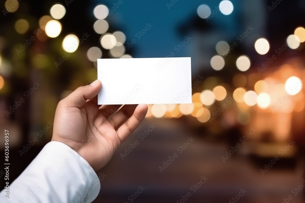 Hand holding white card with space to write, bokeh background, digital illustration. Generative AI Hand holding white card with space to write, bokeh background, digital illustration. Generative AI