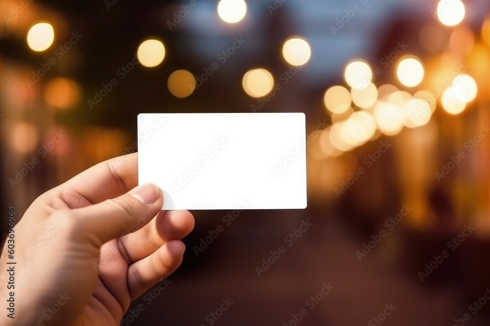 Hand holding white card with space to write, bokeh background, digital illustration. Generative AI Hand holding white card with space to write, bokeh background, digital illustration. Generative AI