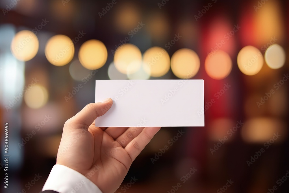 Hand holding white card with space to write, bokeh background, digital illustration. Generative AI Hand holding white card with space to write, bokeh background, digital illustration. Generative AI
