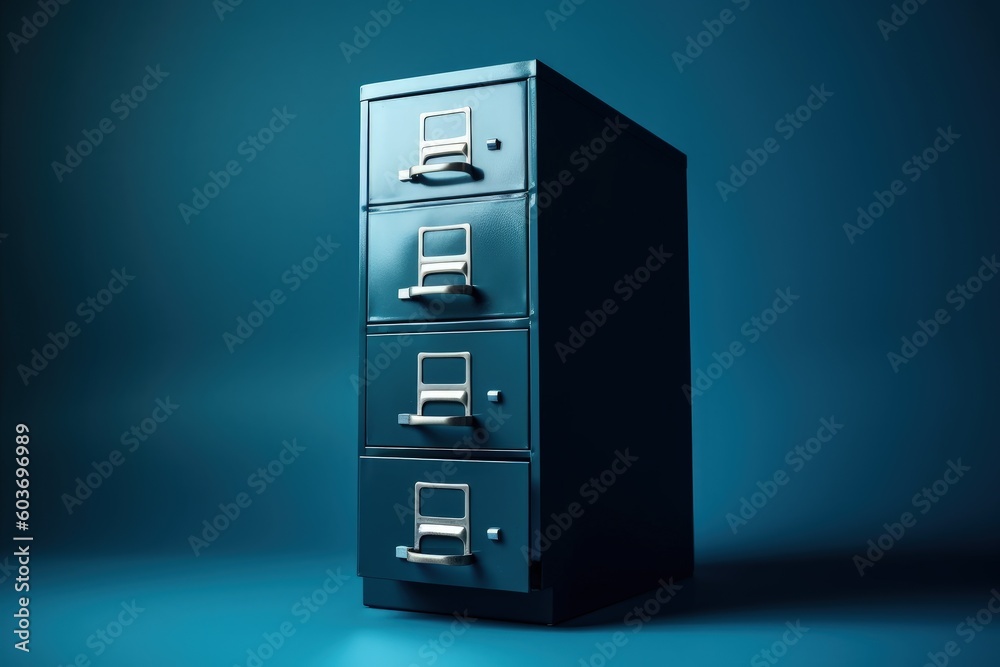 file cabinet, data storage concept, blue background, digital illustration. Generative AI file cabinet, data storage concept, blue background, digital illustration. Generative AI