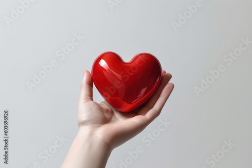 Hand with red heart, healthcare and medicine concept, white background, digital illustration. Generative AI