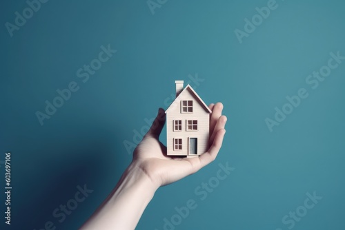 Hand holding a house, property and investment concept, blue background, digital illustration. Generative AI