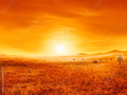 Sun in the yellow sky wallpaper, sun and sunlight illustration, in the style of light orange and light gold. Generative Ai Illustration.