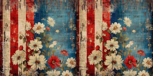 Rustic americana seamless border in traditional red, white and blue colors. Modern and fun, great country cottage house decor, folk art fashion, textiles and 4th of July ribbon scrapbook paper. photo
