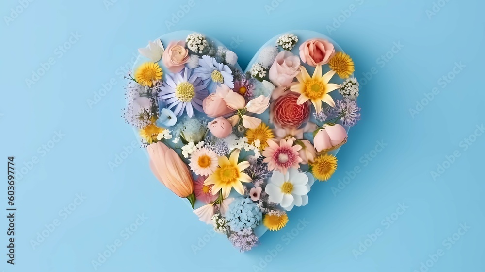 Heart symbol made of flowers. Generative AI