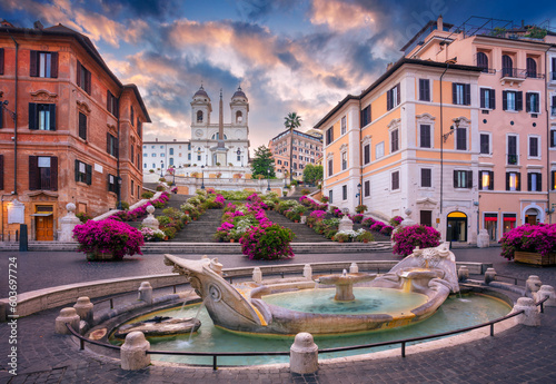 Spanish Steps, Rome, Italy. Cityscape image of Spanish Steps and Barcaccia Fountain in Rome, Italy at sunrise.	