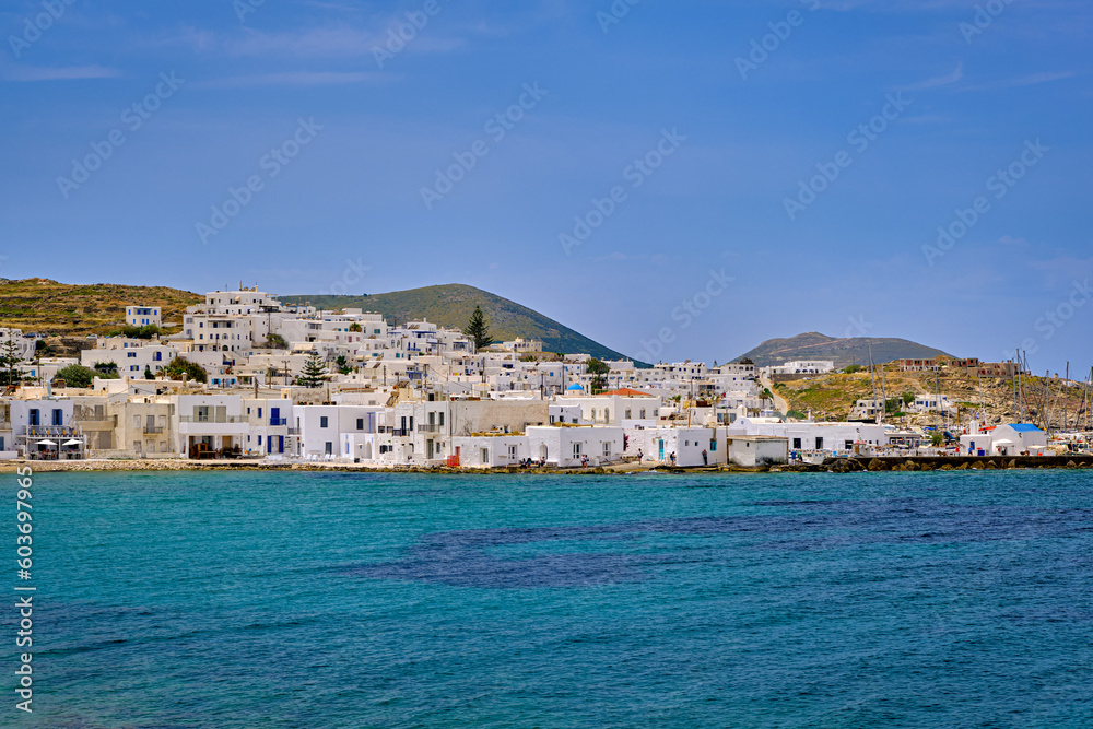 Summer sunshine over Naoussa town, Paros island, Greece. Clear blue