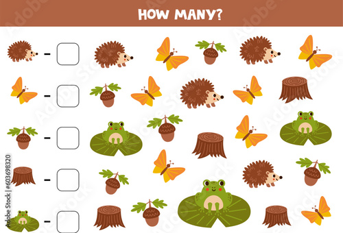 Counting game with cartoon woodland fauna. Math worksheet.