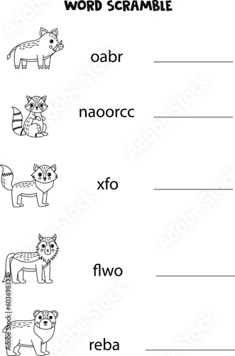 Puzzle for kids. Word scramble for children. Black and white woodland animals.