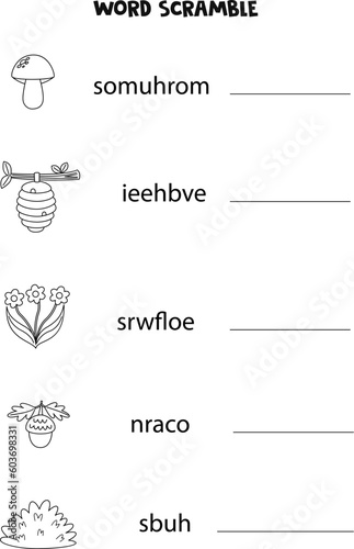 Puzzle for kids. Word scramble for children. Black and white woodland elements.