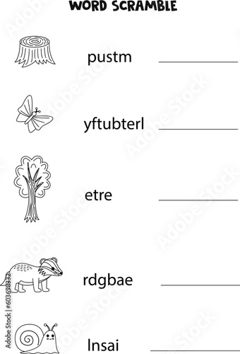 Puzzle for kids. Word scramble for children. Black and white woodland animals.