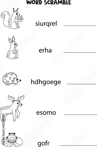 Puzzle for kids. Word scramble for children. Black and white woodland animals.