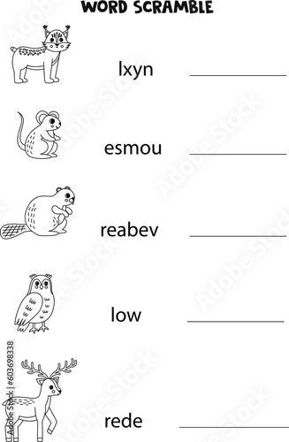 Puzzle for kids. Word scramble for children. Black and white woodland animals.