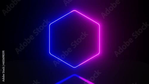 Abstract background with Tesseract light hexagon with Light Lines Moving Fast. Futuristic hexagon neon with Tesseract Lights.Seamless loop. Moving glowing neon lights disco party
