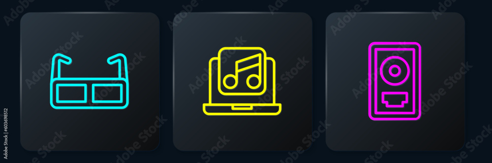 Set line Glasses, CD disk award in frame and Laptop with music. Black square button. Vector Set line Glasses, CD disk award in frame and Laptop with music. Black square button. Vector
