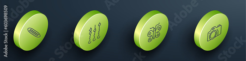 Set Isometric line French baguette bread, Grilled shish kebab on skewer, Butterfly and Photo camera icon. Vector