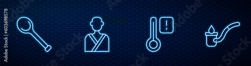Set line Sauna thermometer, ladle, Man in sauna and . Glowing neon icon on brick wall. Vector