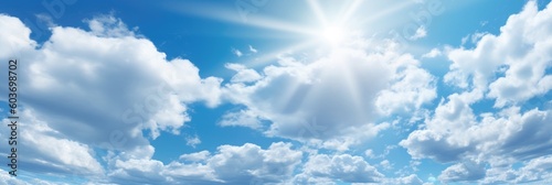 Sunny background  blue sky with white clouds and sun. Generative AI