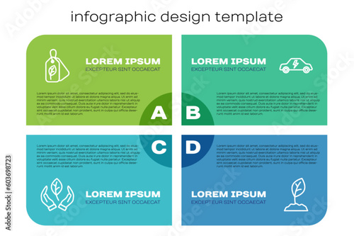 Set line Leaf in hand, Tag with leaf, Sprout and Electric car. Business infographic template. Vector