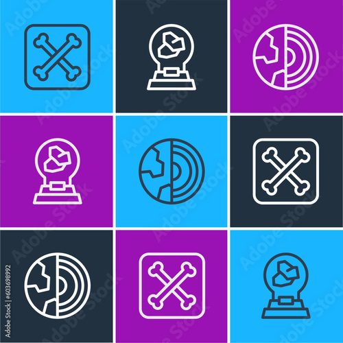 Set line Archeology, Earth core structure crust and Exhibition with minerals, rocks icon. Vector