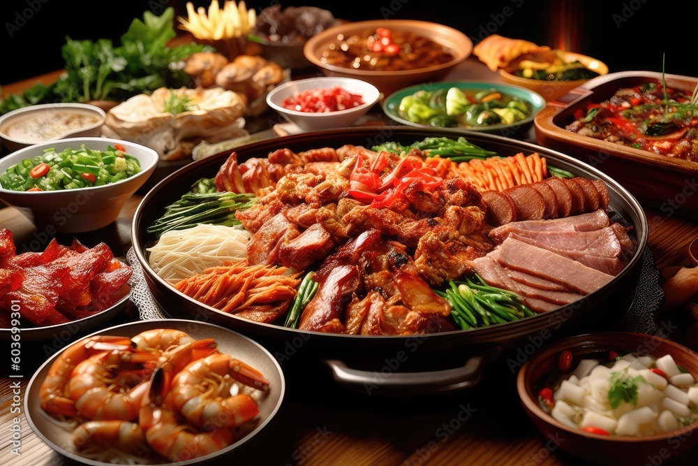 Chinese new year festival table over red background. Traditional lunar new year food. AI Generated Chinese new year festival table over red background. Traditional lunar new year food. AI Generated