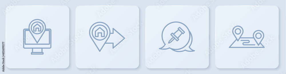 Set line Monitor with map location, Push pin, Location house and Route. White square button. Vector Set line Monitor with map location, Push pin, Location house and Route. White square button. Vector