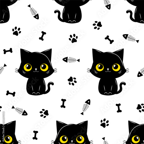 Seamless pattern of a cute black cats, bone and animal's paws. Vector illustration on a white background. Scandinavian cartoon style flat design. Concept for children print.