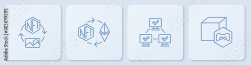 Set line NFT Digital crypto art, blockchain technology, Ethereum exchange and . White square button. Vector