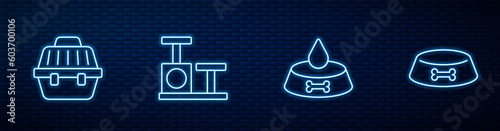 Set line Pet food bowl for cat or dog, carry case, Cat scratching post with toy and . Glowing neon icon on brick wall. Vector