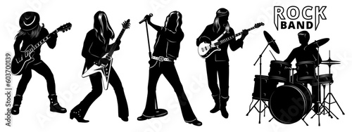 Rock Band Silhouettes. Vocalist, two electric guitars, bass guitar and drummer. Vector cliparts isolated on white.