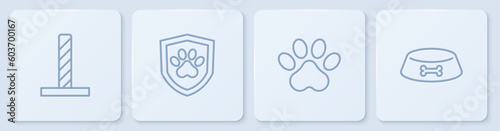 Set line Cat scratching post with toy, Paw print, Animal health insurance and Pet food bowl for cat or dog. White square button. Vector