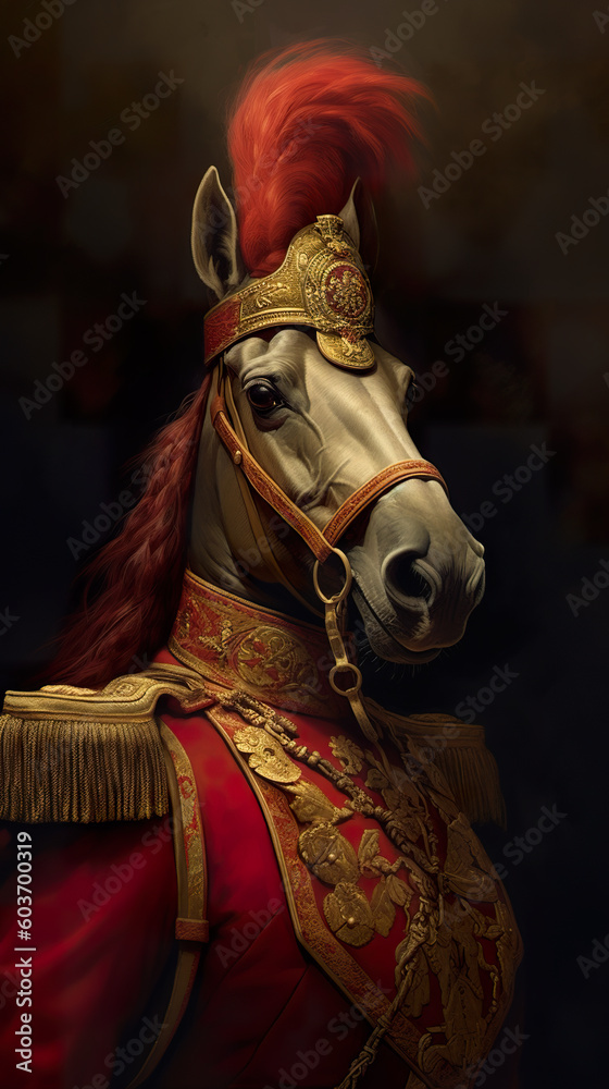 A horse wearing a red and gold outfit. Generative AI.