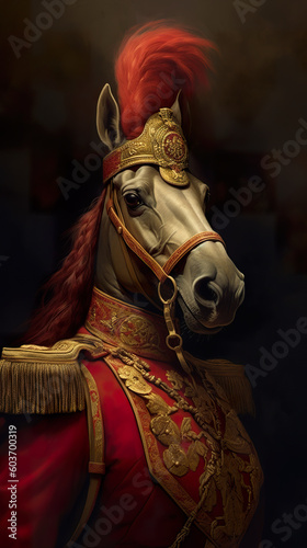 A horse wearing a red and gold outfit. Generative AI.