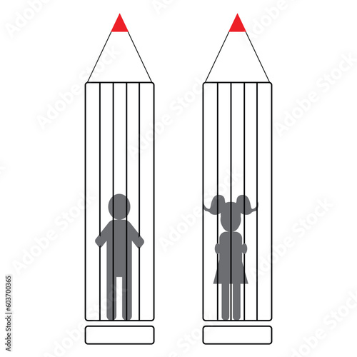 Boy and girl in a pencil prison, inappropriate education concept